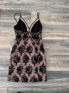Custom Black Lace Overlay Pink Nude Dress